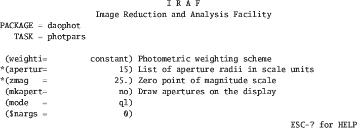 \begin{figure}\small
\begin{verbatim}I R A F
Image Reduction and Analysis F...
... display
(mode = ql)
($nargs = 0)
ESC-? for HELP\end{verbatim}\end{figure}