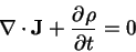 \begin{displaymath}
\nabla \cdot \mathbf{J} + \frac{\partial \mathbf{\rho}}{\partial t}
= 0
\end{displaymath}